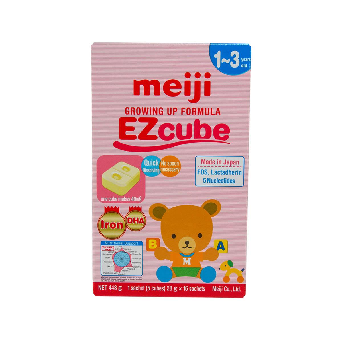 MEIJI Growing Up Formula EZcube powder box, pink front panel with bear graphic