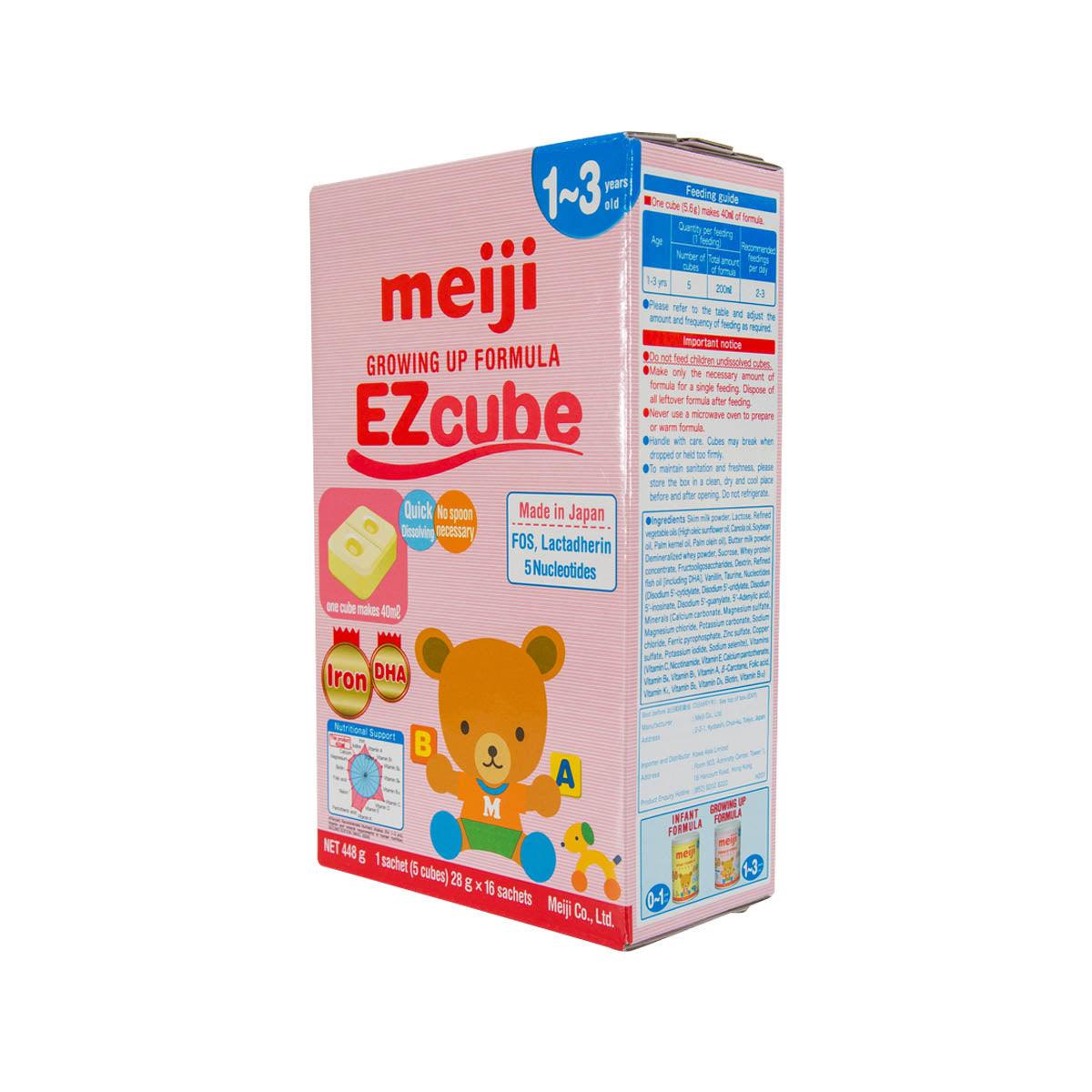 MEIJI Growing Up Formula EZcube box back with nutrition text and bear illustration