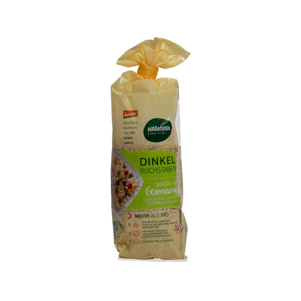 NATURATA organic spelt alphabet noodles pouch, yellow-brown bag, made in Germany
