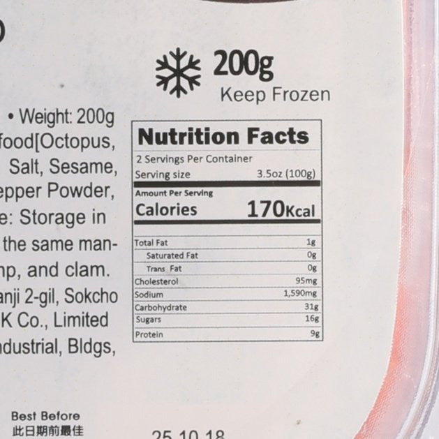 Frozen octopus nutrition facts label, 200g tub