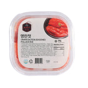 Packaged salted and seasoned pollack roe in clear plastic tray, red roe, 200g label