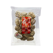 Bagged dried shiitake mushrooms, 75g, with red label in clear plastic pouch