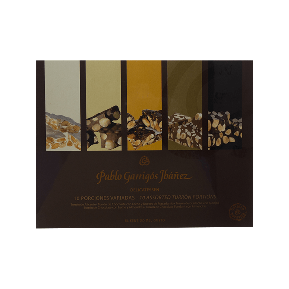Assorted nougats gift box, brown package with window showing assorted nougat pieces