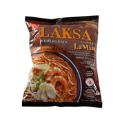 Laksa wholegrain LaMian noodles pouch, front label with bowl and spicy broth graphic
