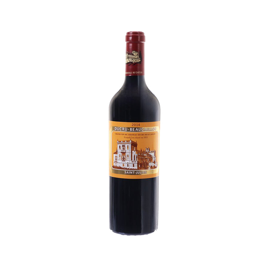 Red wine bottle with burgundy foil neck and front label, Saint-Julien 2014, 750 mL