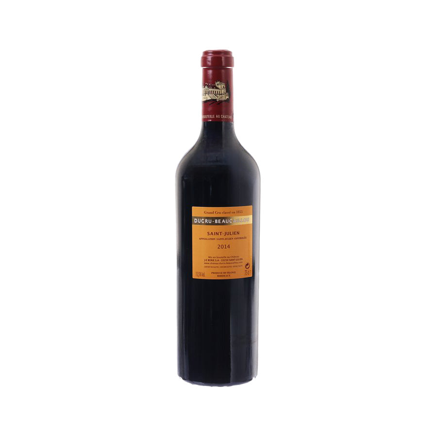 Red wine bottle with burgundy foil neck and side label, Saint-Julien 2014, 750 mL