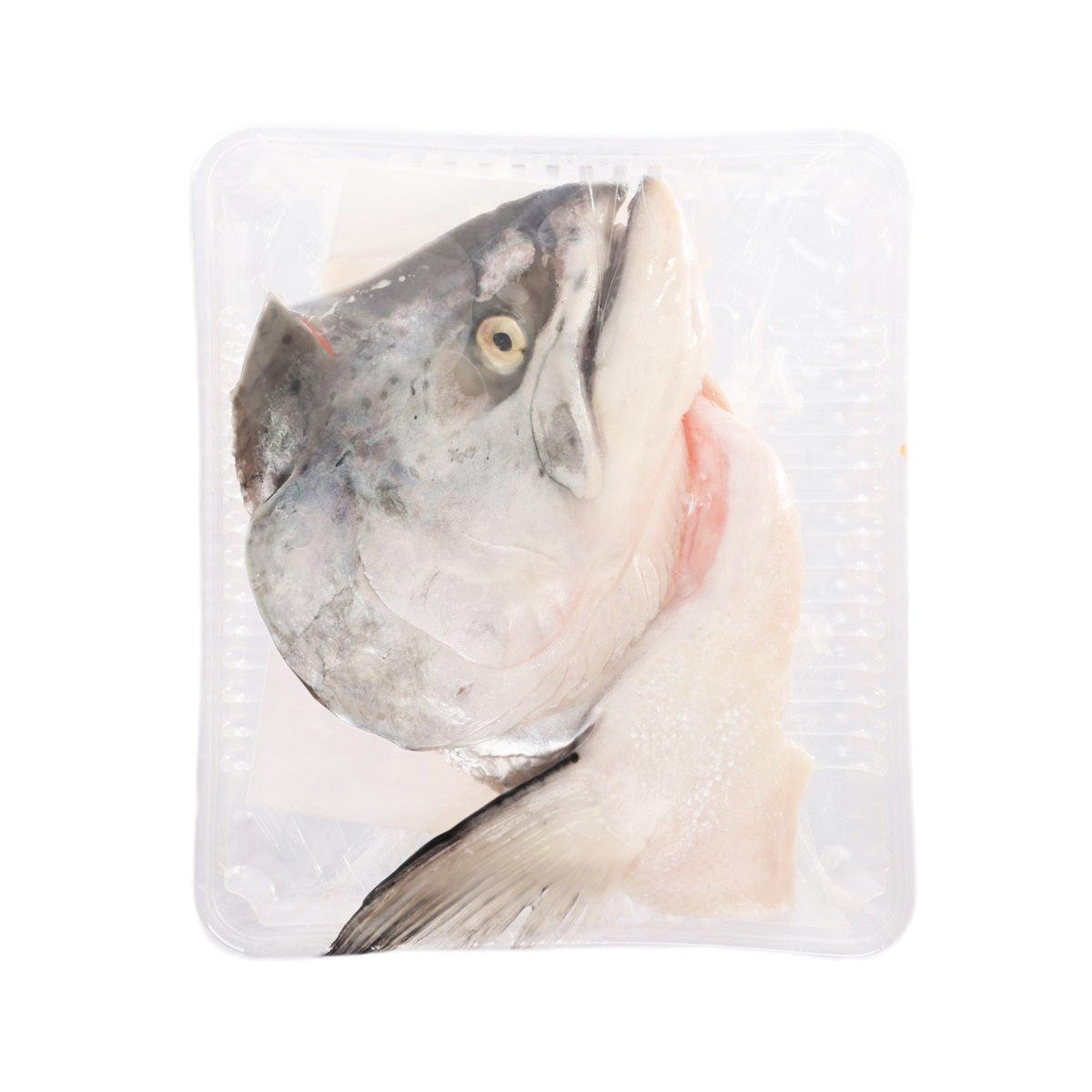 Salmon head in clear tray, silver-gray skin with eye visible, portion 500g
