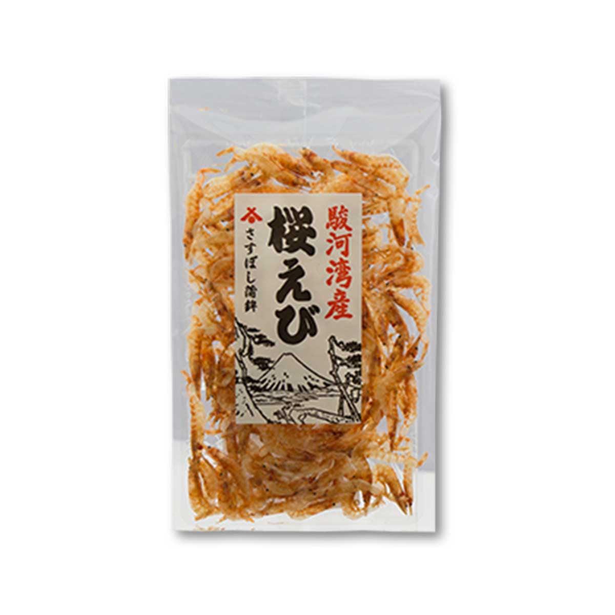 Sundried sakura prawn snack in clear sealed bag, orange-brown dried prawns