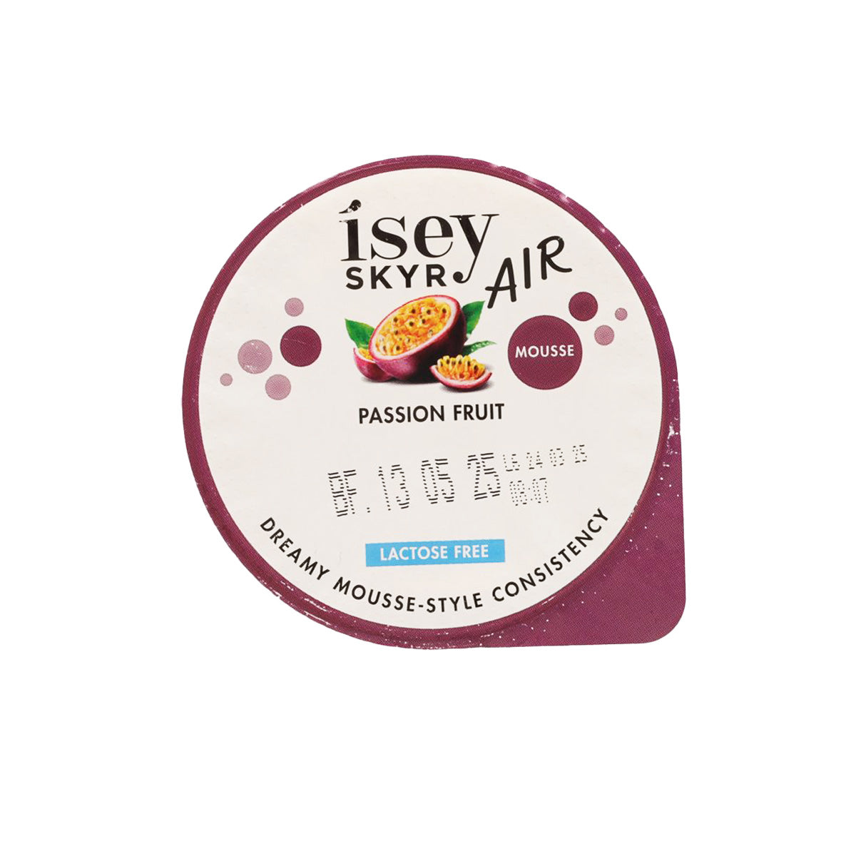 Lactose-free skyr air cup with passion fruit flavor, purple-lidded top.