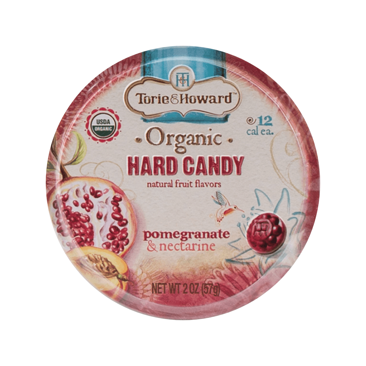 TORIE & HOWARD organic hard candy round tin with pomegranate & nectarine flavor label 57g