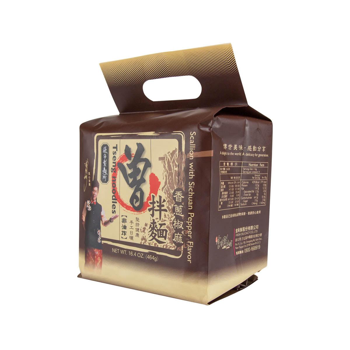 TSENG scallion Sichuan-pepper noodles pouch, side label panel view.